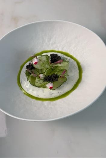 Greek yogurt with cucumber ribbons, black caviar and a ring of dill oil on a white plate